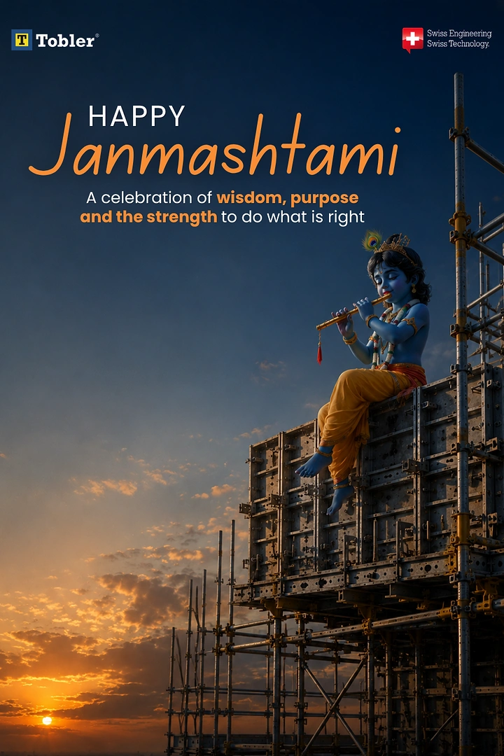 Janmashtami creative ad: Krishna playing flute atop construction scaffolding