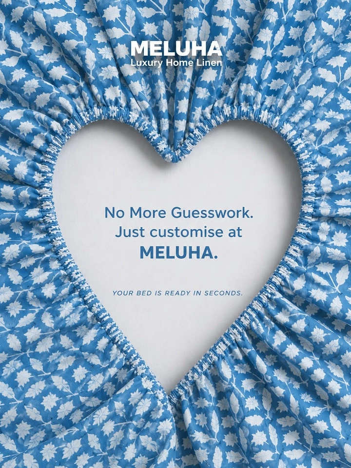 Furniture creative ad: Blue block-print fitted sheet gathered into a heart-shaped frame