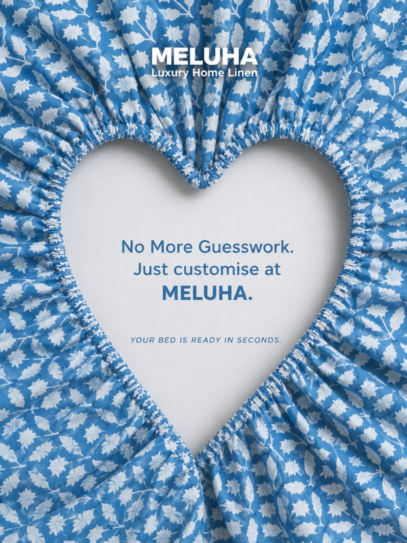 Instagram post: Blue block-print fitted sheet gathered into a heart-shaped frame