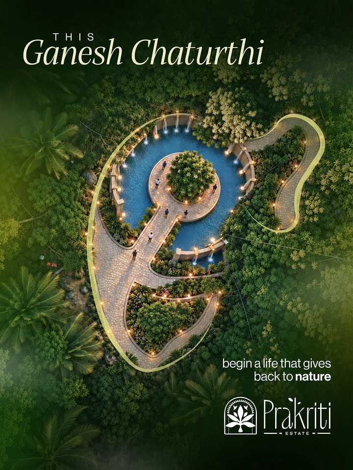 Ganesh Chaturthi creative ad: Aerial view of a landscaped garden and pool shaped like Ganesha