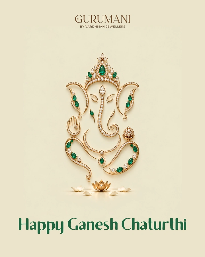Ganesh Chaturthi creative ad: Ganesha outline built from gold, diamond and emerald jewellery