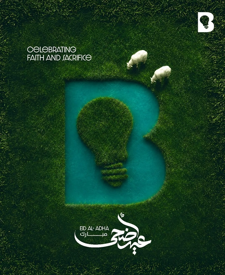 Eid creative ad: Top-down grass field with a turquoise water pool shaped like a letter B holding a grass lightbulb, two sheep grazing
