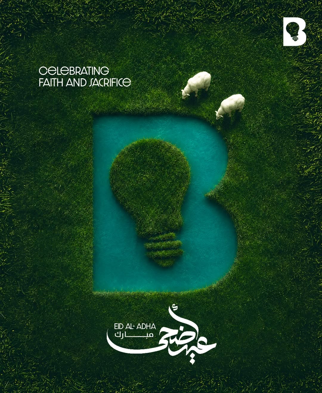 Top-down grass field with a turquoise water pool shaped like a letter B holding a grass lightbulb, two sheep grazing