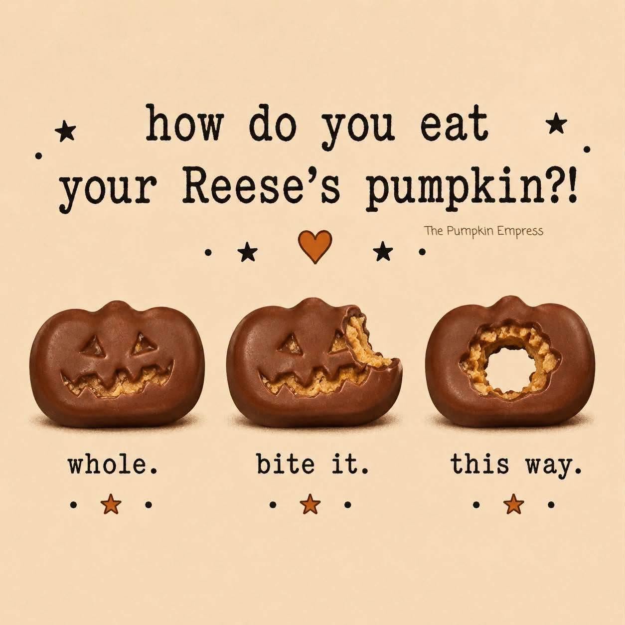 Halloween Instagram post: Three chocolate pumpkin candies in eating stages