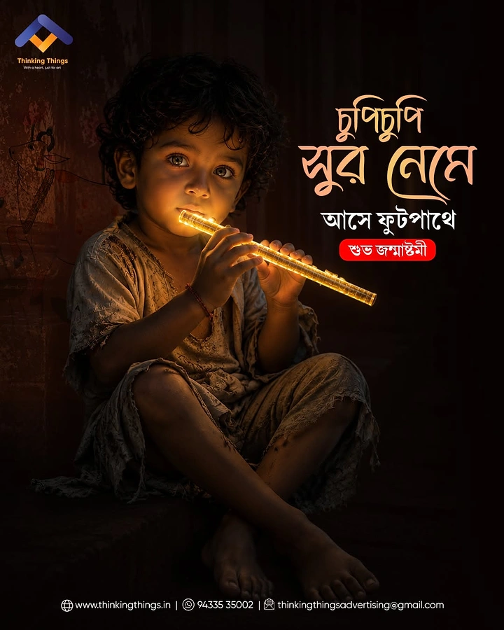 Janmashtami creative ad: Barefoot street child playing a glowing flute