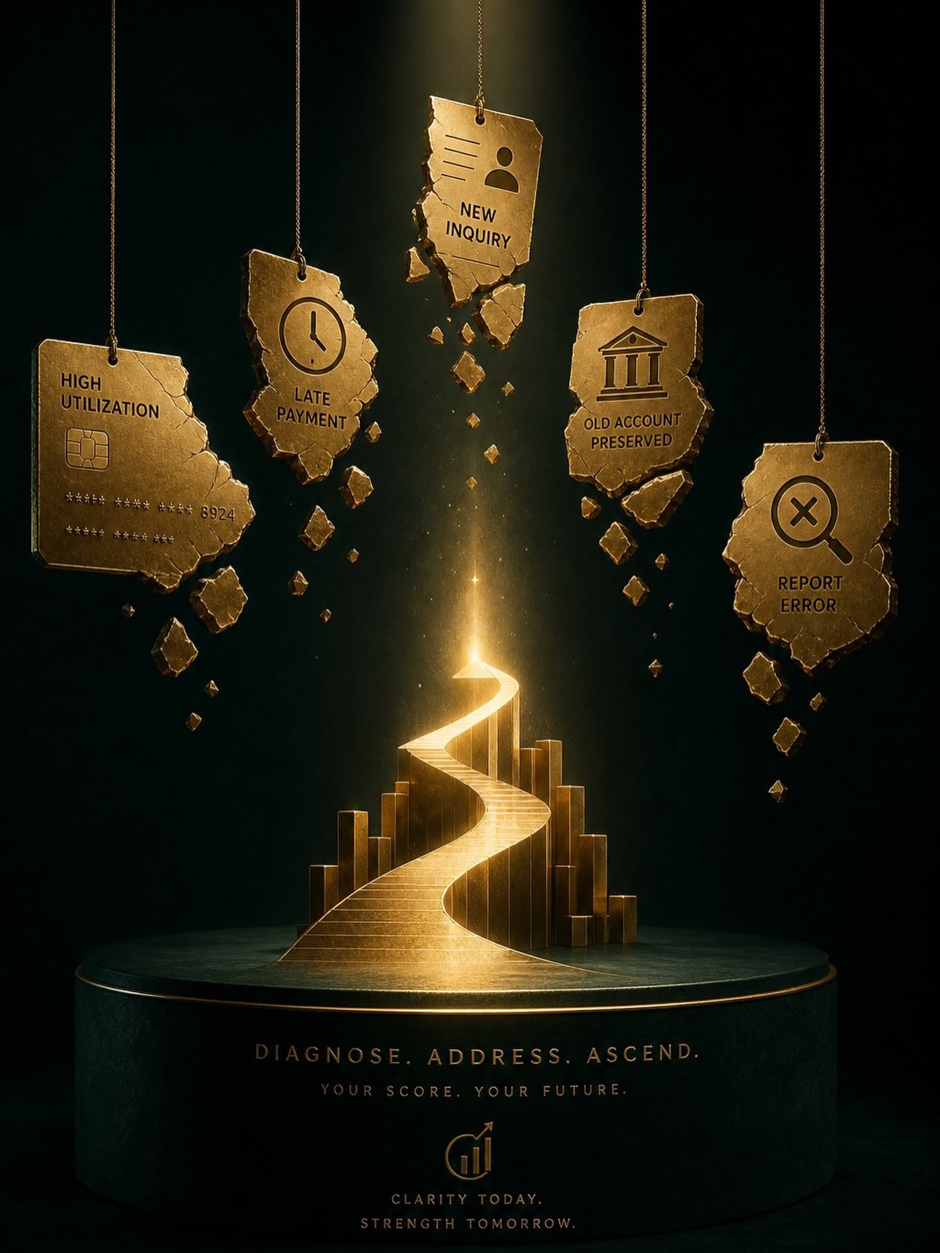 Instagram post: Crumbling gold credit-problem tags above a glowing rising path on a podium