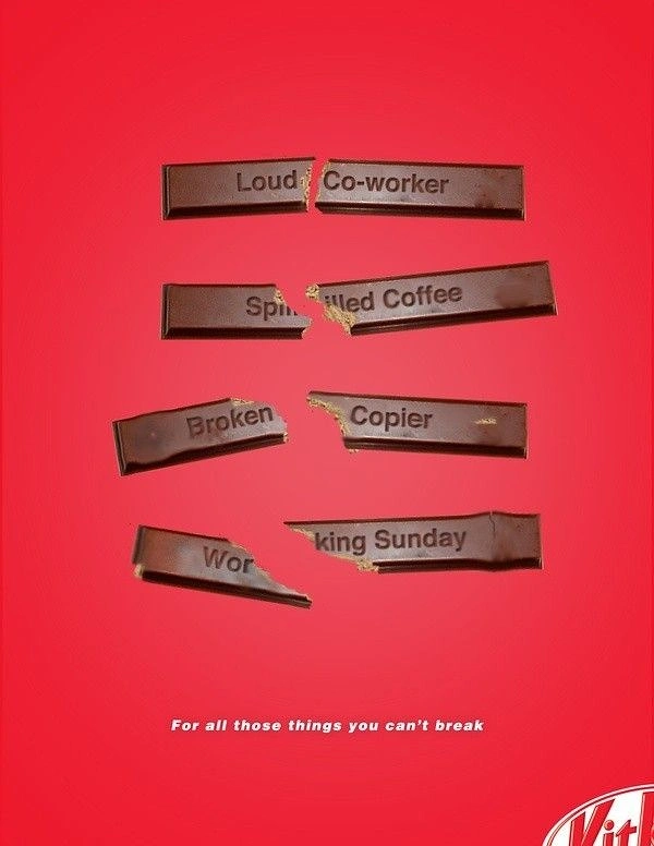 Creative ad: Chocolate wafer fingers snapped mid-phrase