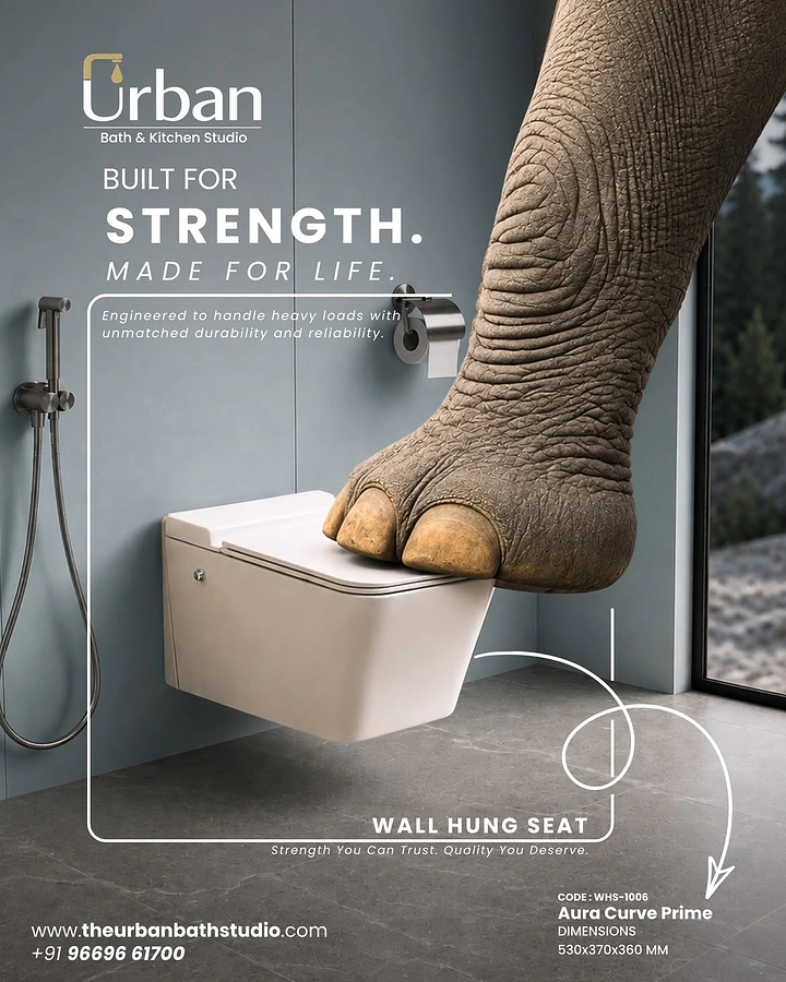 Cement, Steel & Building Materials creative ad: Elephant foot resting on a wall-hung toilet seat