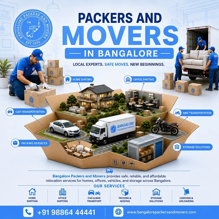 Movers & Packers creative ad: Open moving box holding a whole neighbourhood