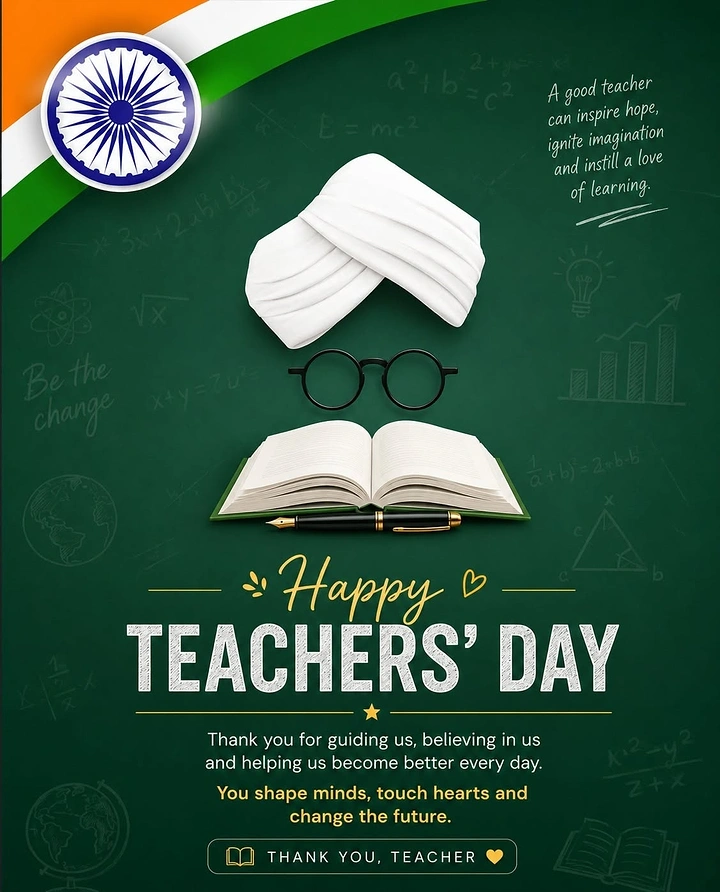 Teachers Day creative ad: Turban, round glasses and open book forming an abstract teacher portrait