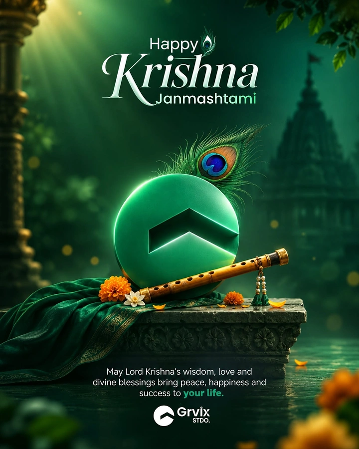 Janmashtami creative ad: Brand logo as shrine with flute, feather