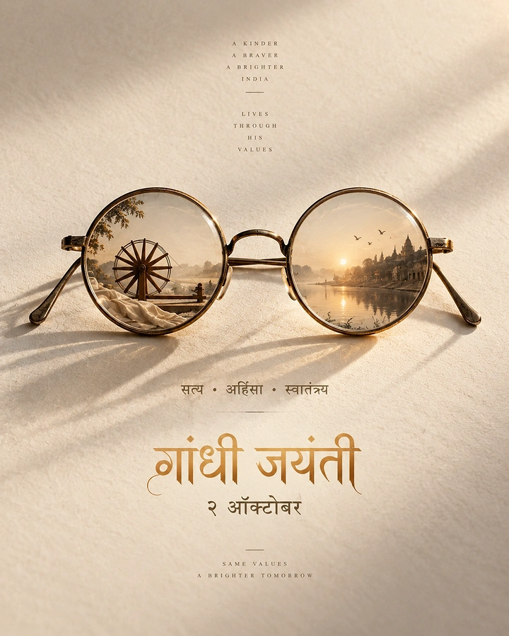 Gandhi Jayanti creative ad: Antique round spectacles whose lenses show a charkha and a sunrise river ghat scene