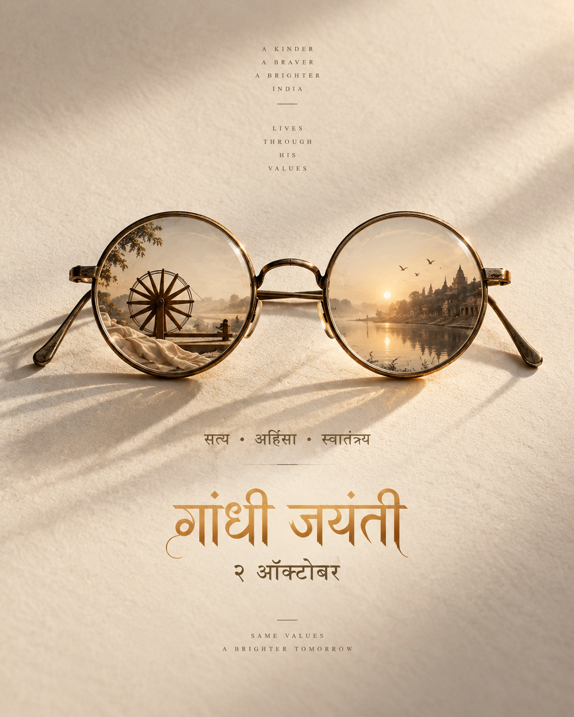 Antique round spectacles whose lenses show a charkha and a sunrise river ghat scene