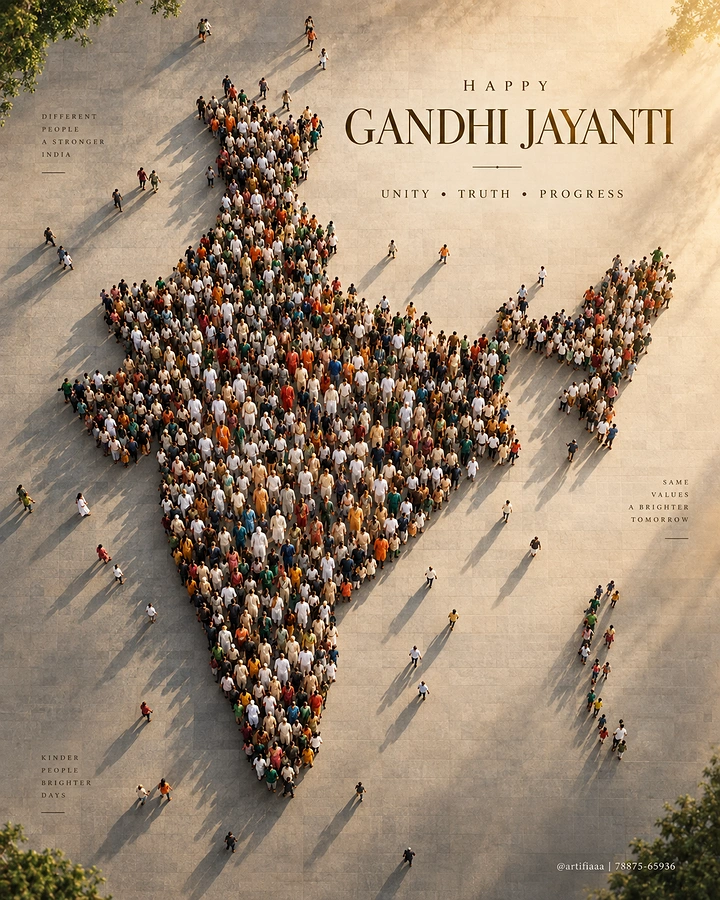 Gandhi Jayanti creative ad: Aerial view of a crowd of people forming the map of India on a plaza