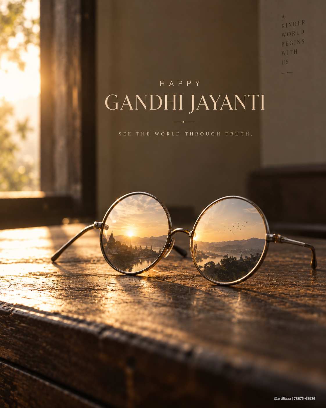 Gandhi Jayanti Instagram post: Round wire spectacles on a wooden table, with a sunset landscape reflected in the lenses