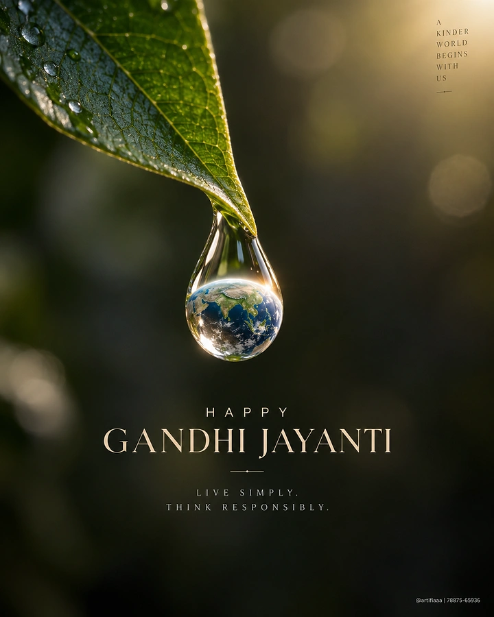Gandhi Jayanti creative ad: Water droplet hanging from a leaf tip with the Earth inside it