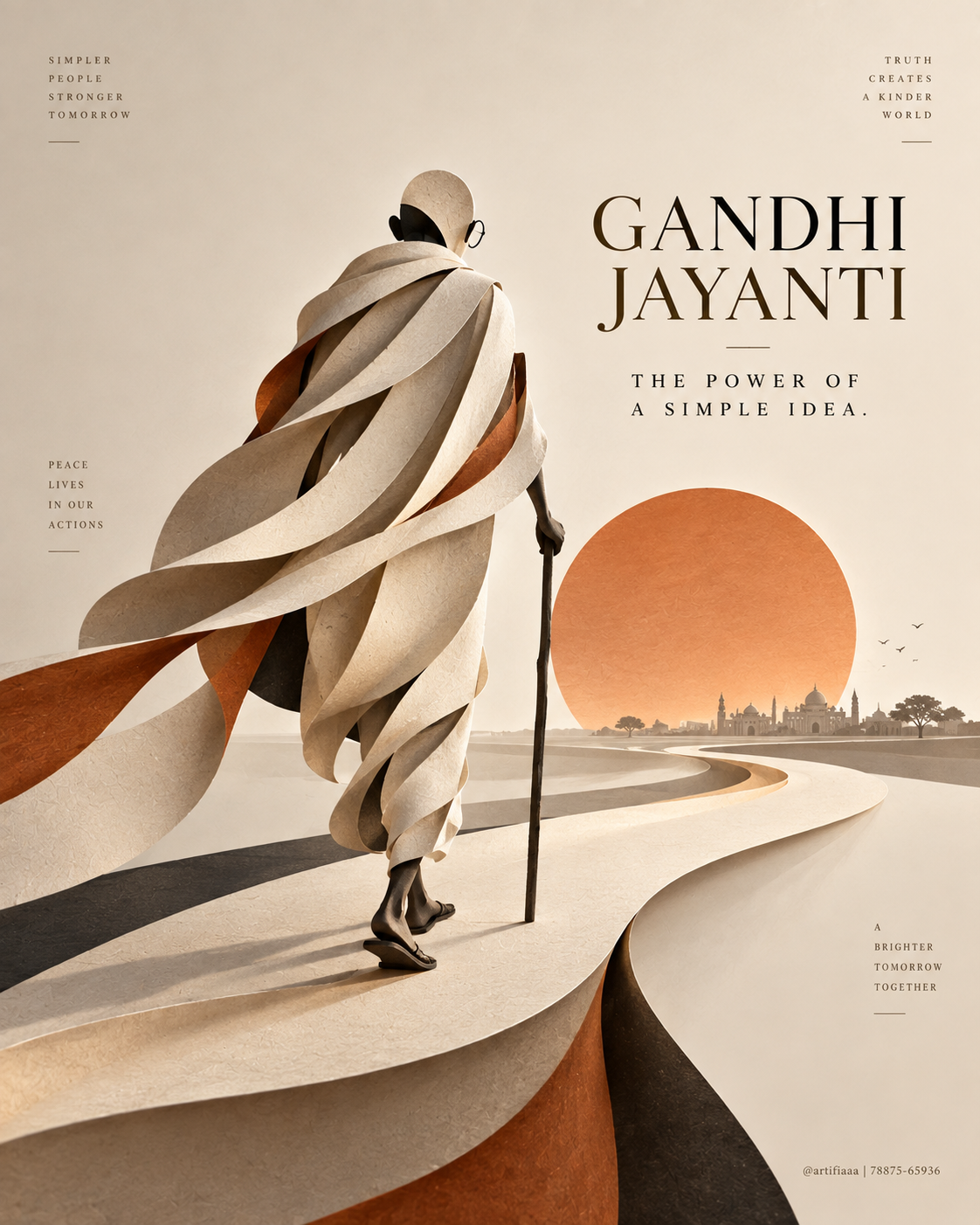 Paper-sculpted Gandhi walking along a winding path toward a large sun