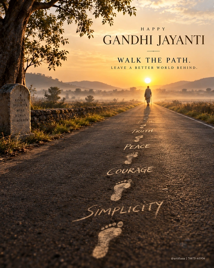 Gandhi Jayanti creative ad: Footprints on an empty road leading to a lone walker at sunrise