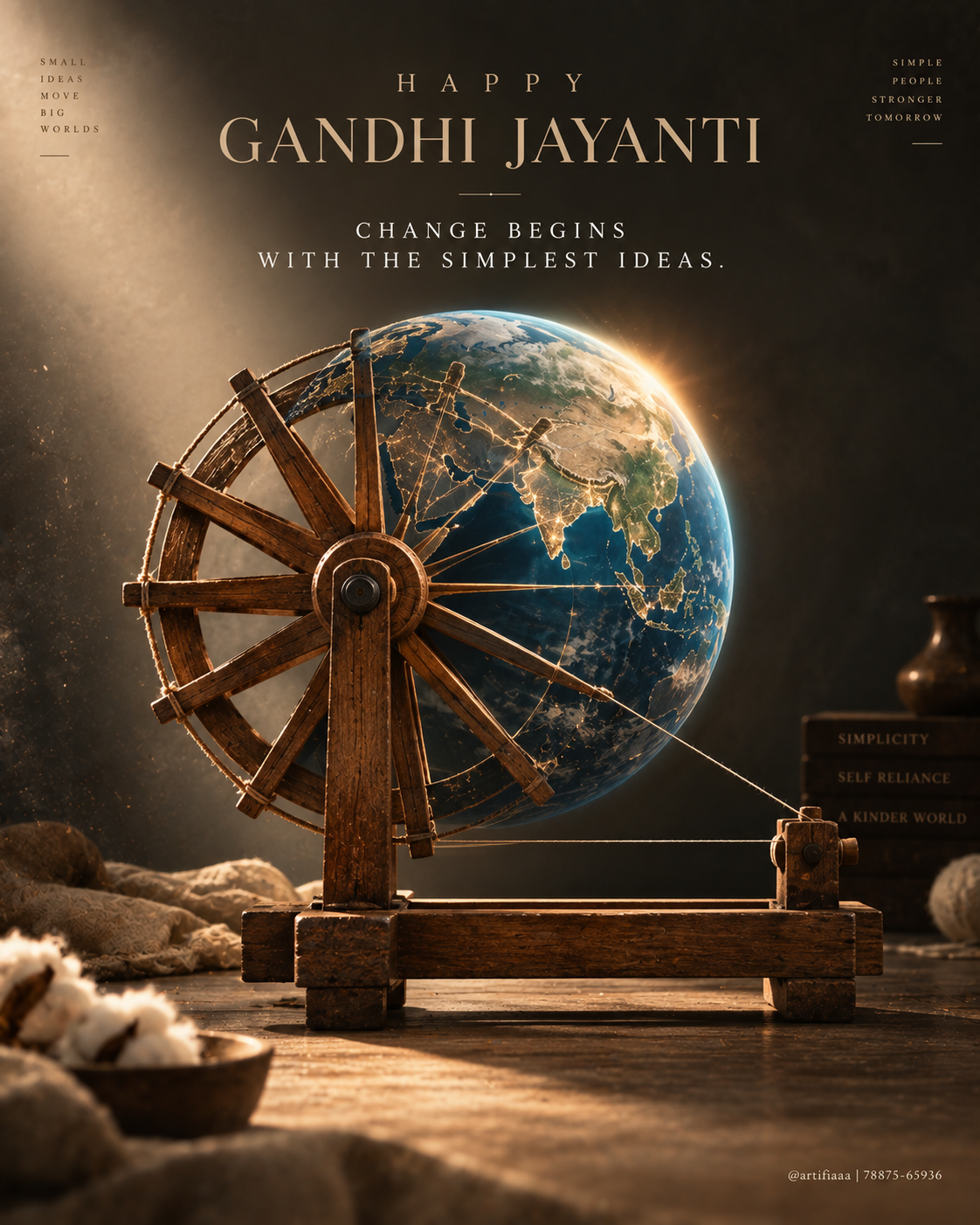 Wooden charkha in front of a glowing Earth globe