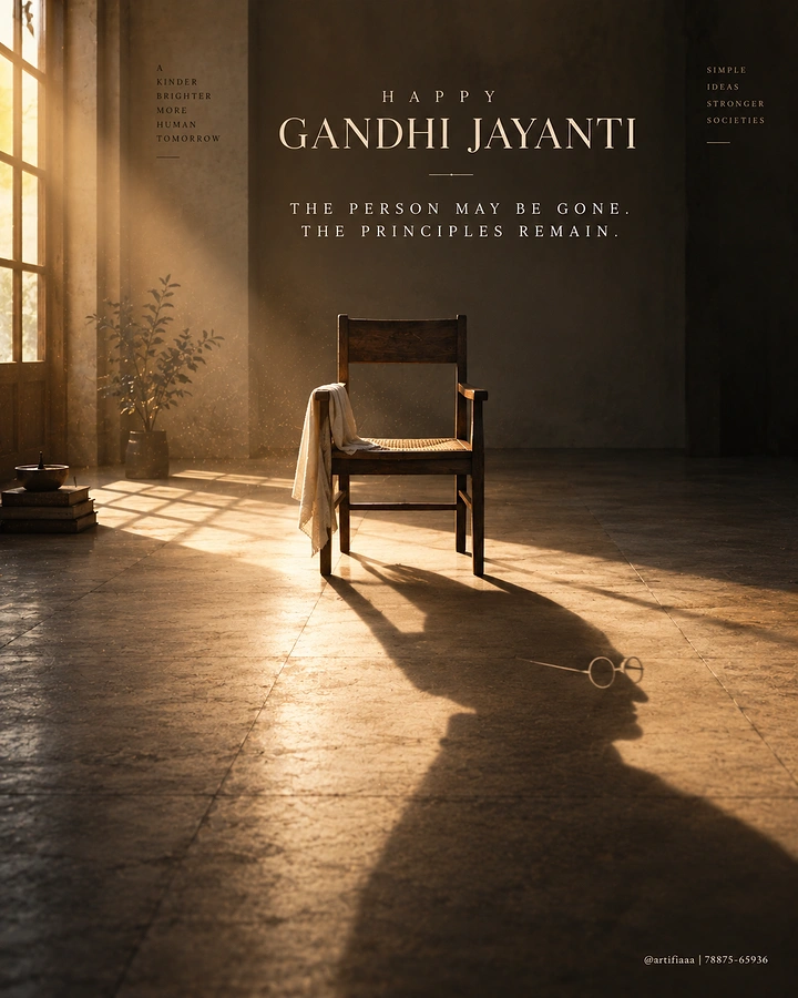 Gandhi Jayanti creative ad: Empty chair casting a portrait-silhouette shadow with round spectacles