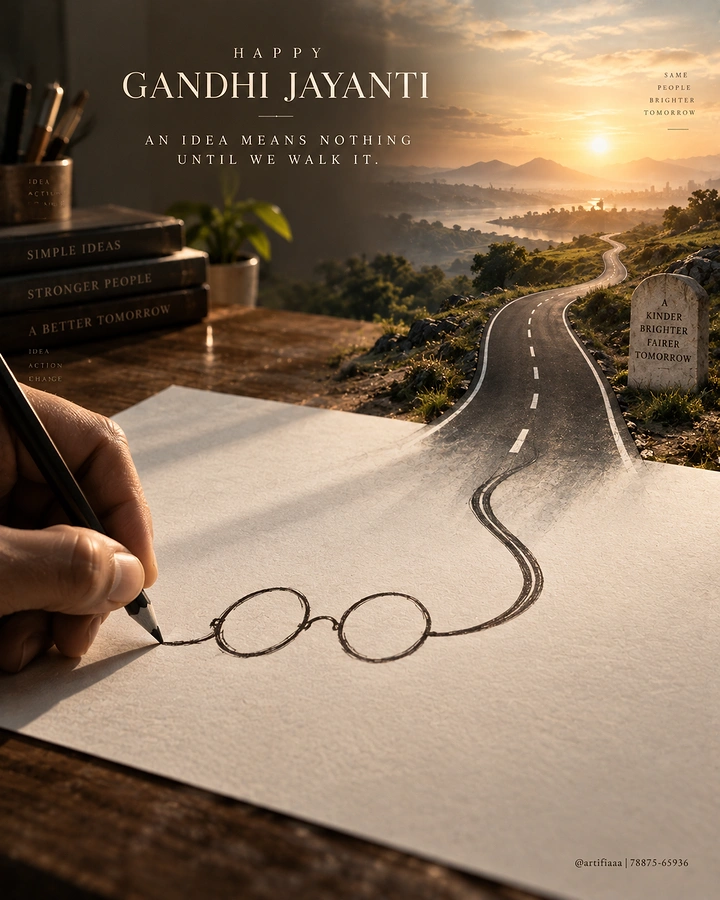 Gandhi Jayanti creative ad: Hand-drawn round spectacles whose line turns into a real road