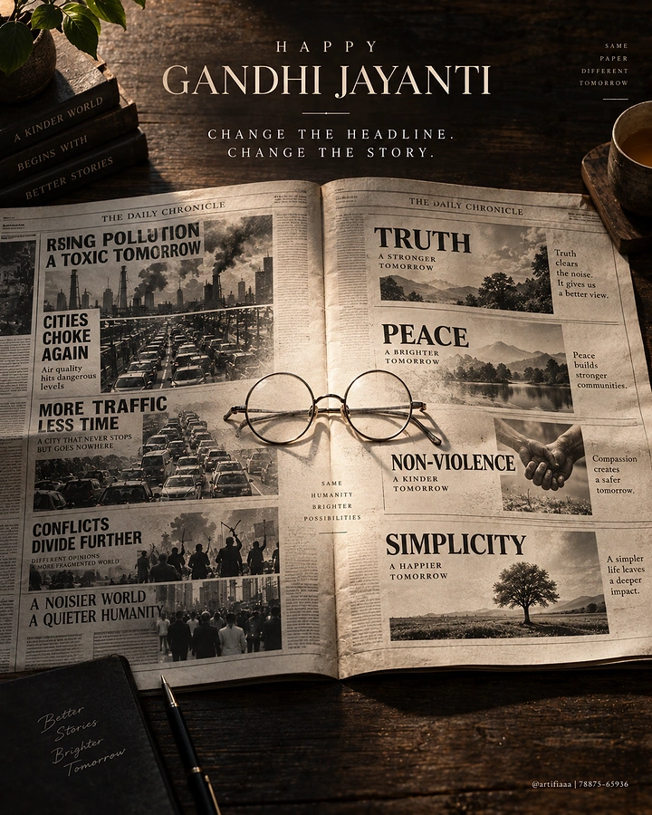 Gandhi Jayanti creative ad: Open newspaper contrasting problems and values, with round spectacles on top