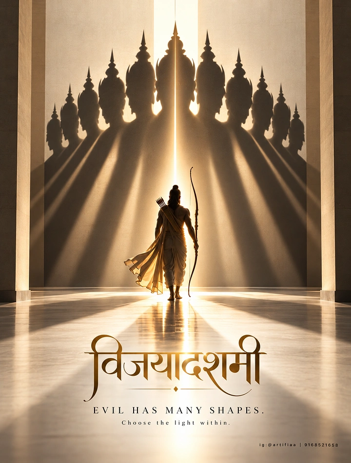 Dussehra creative ad: A lone archer figure walking toward a monumental wall of Ravana-like shadows