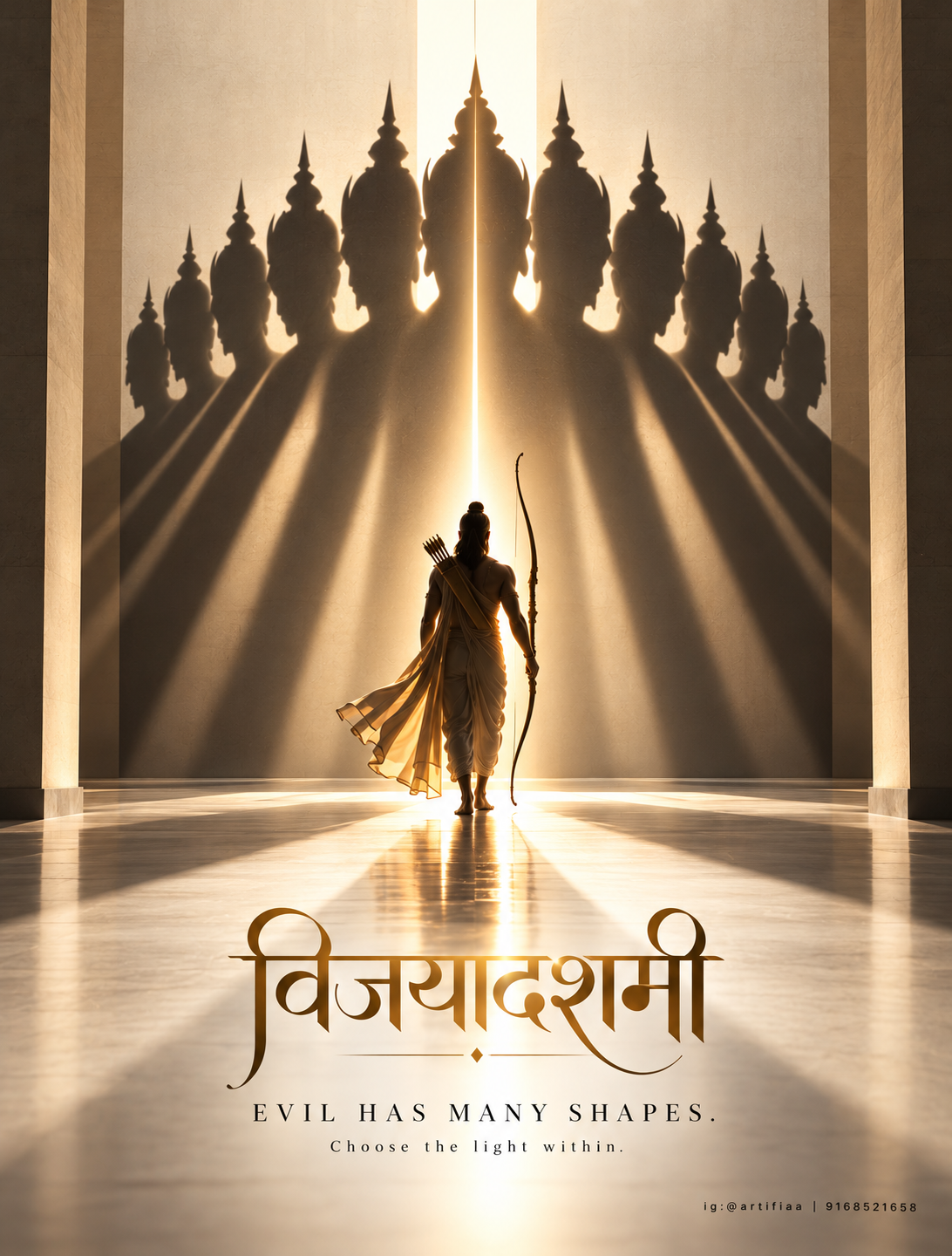 Dussehra Poster: A lone archer figure walking toward a monumental wall of Ravana-like shadows, slide 1