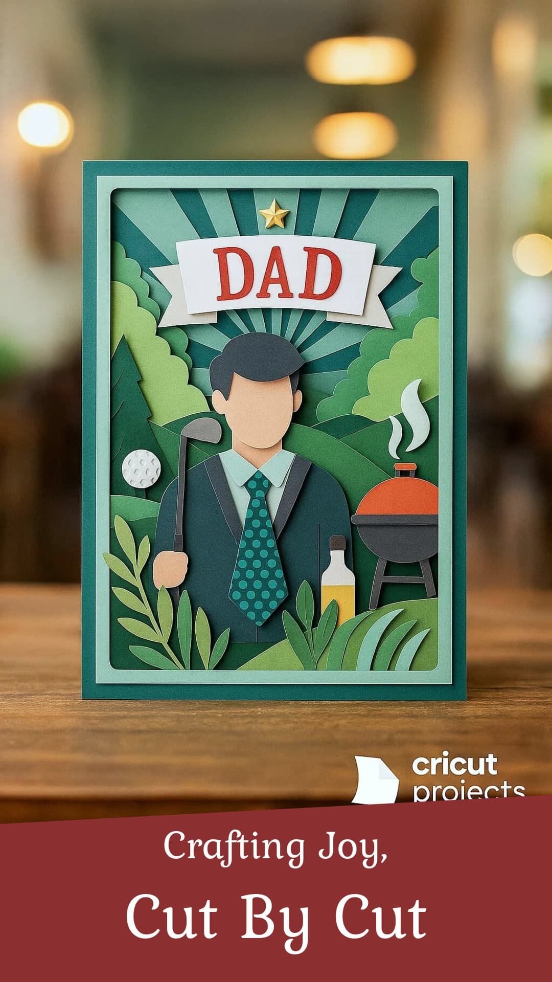 Father's Day Story: Layered paper-cut Father's Day card of a dad in a suit on a wooden table