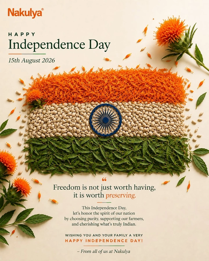 Independence Day creative ad: Indian flag made from safflower petals, seeds and leaves