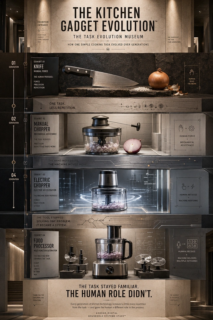 Home Appliances creative ad: Kitchen gadget evolution museum shelves