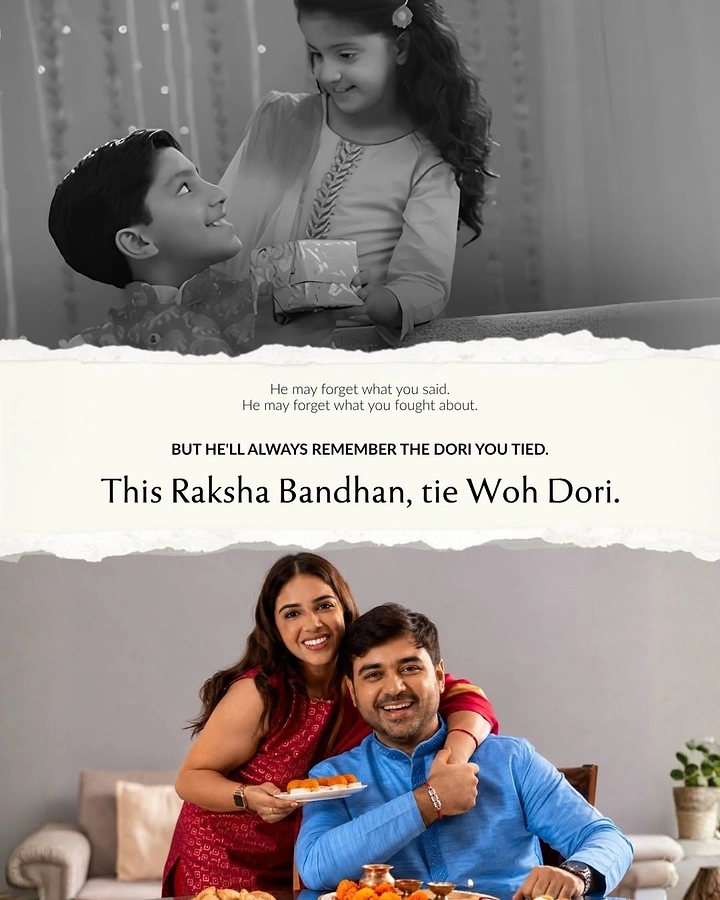 Raksha Bandhan creative ad: Siblings as children in black and white and as smiling adults in colour