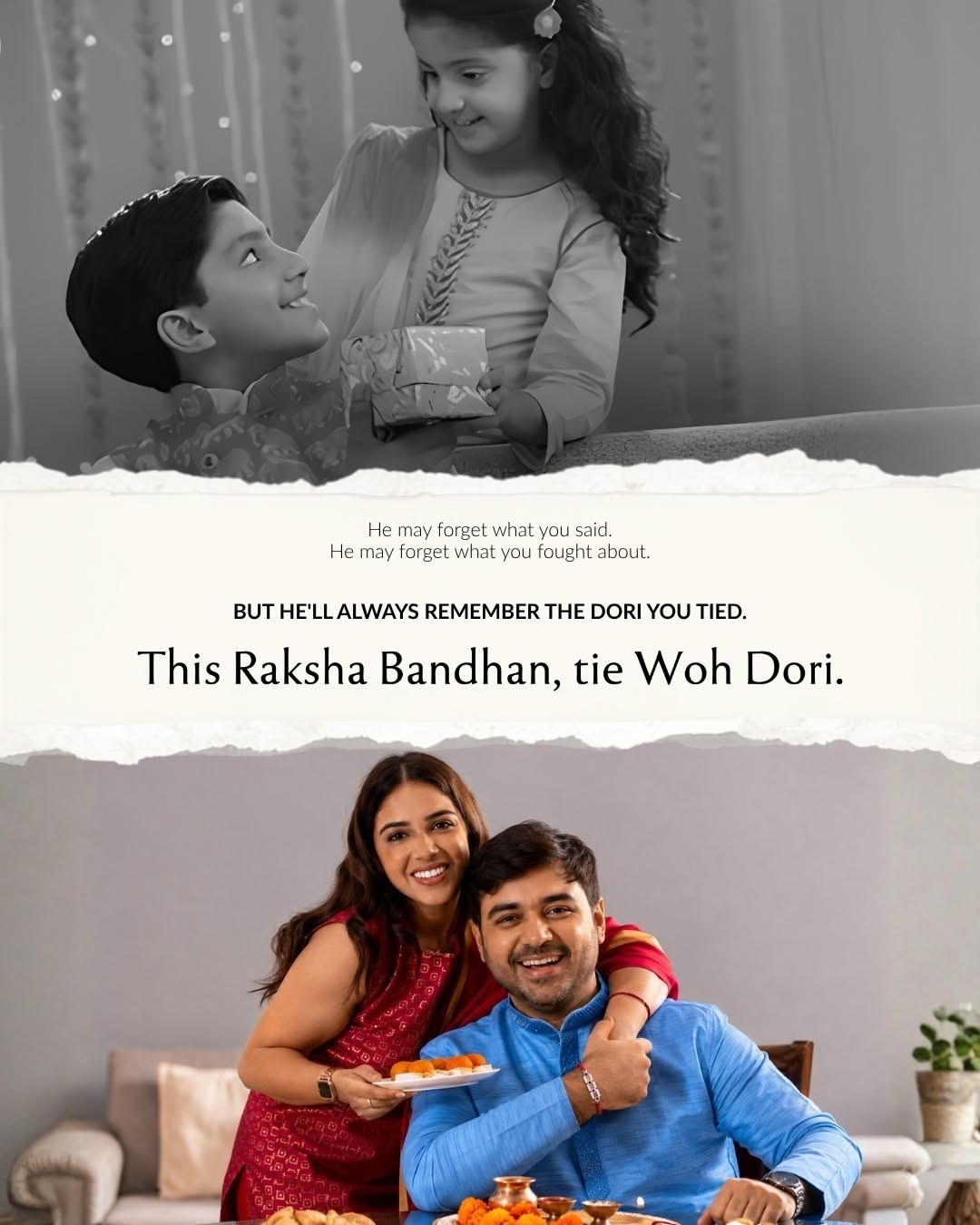 Siblings as children in black and white and as smiling adults in colour