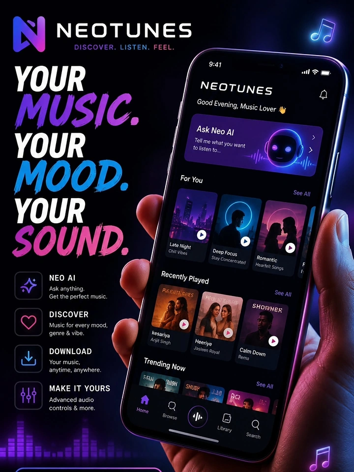 Music & Dance Classes creative ad: Hand-held smartphone showing a neon music streaming app interface