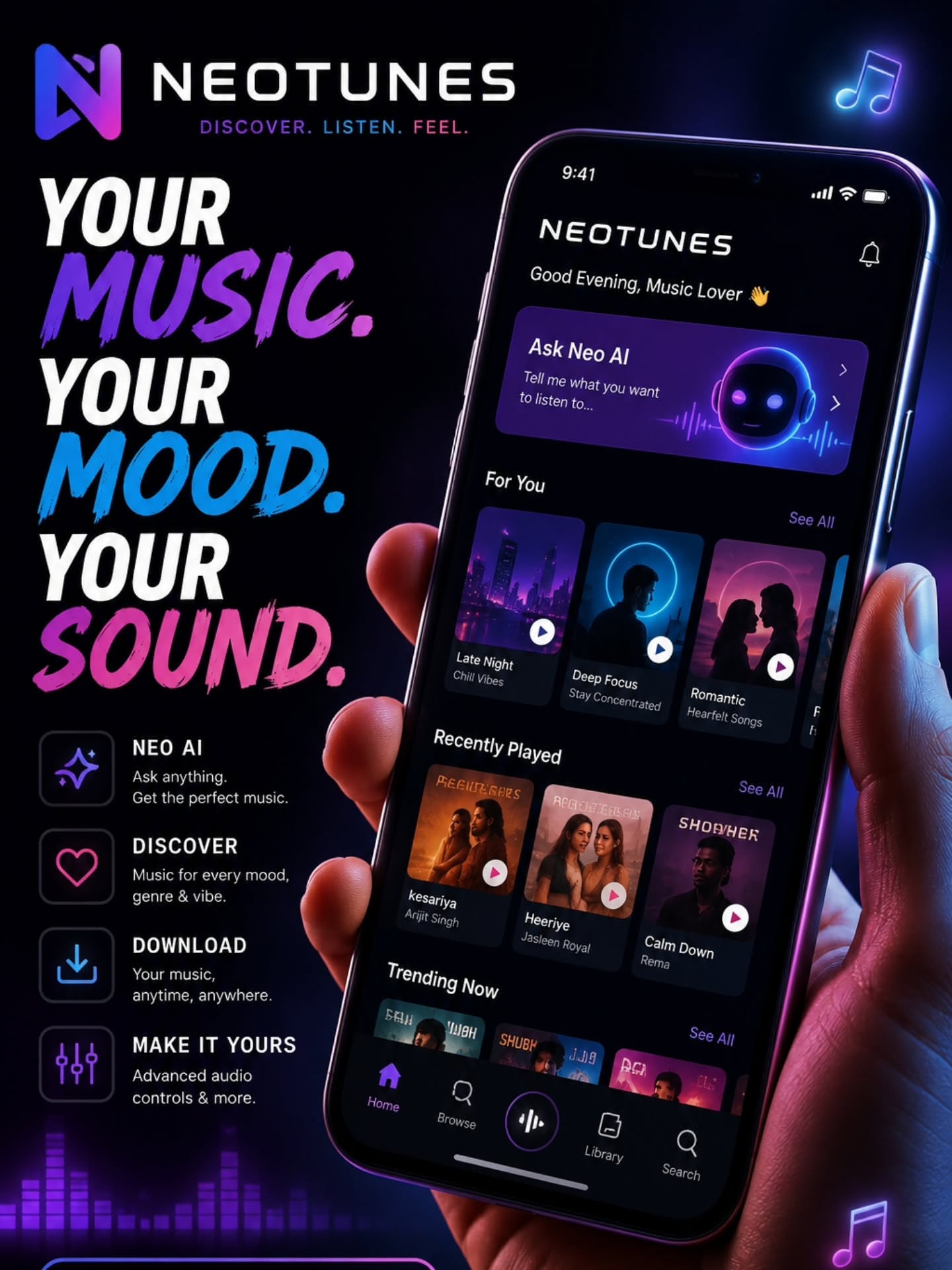 Poster: Hand-held smartphone showing a neon music streaming app interface