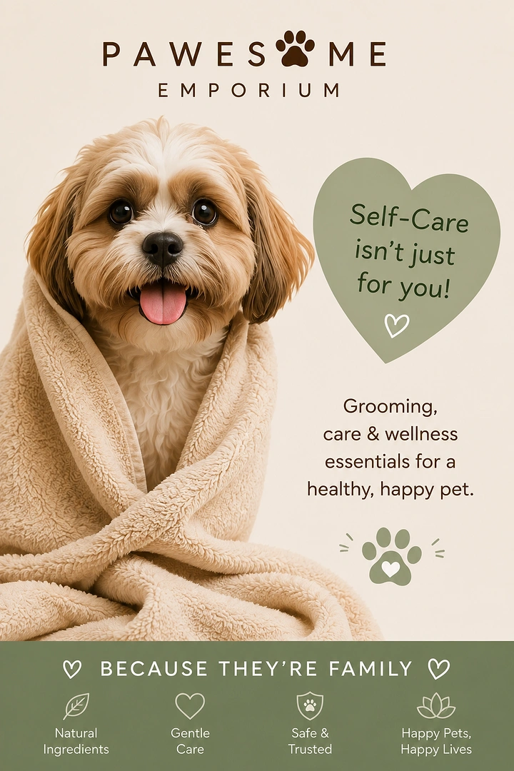 Pet Grooming creative ad: Towel-wrapped dog, 'self-care isn't just for you'