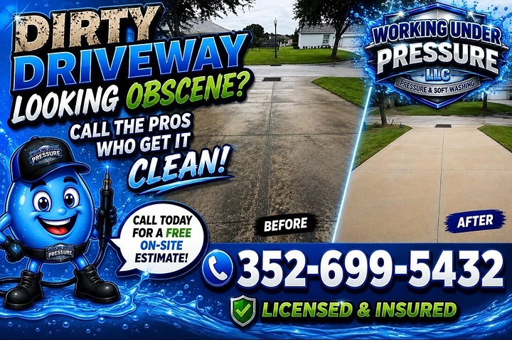 Pressure Washing creative ad: Pressure pun with mascot and comparison