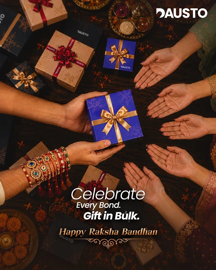 Raksha Bandhan creative ad: Overhead view of a hand passing a blue gift box to many open palms