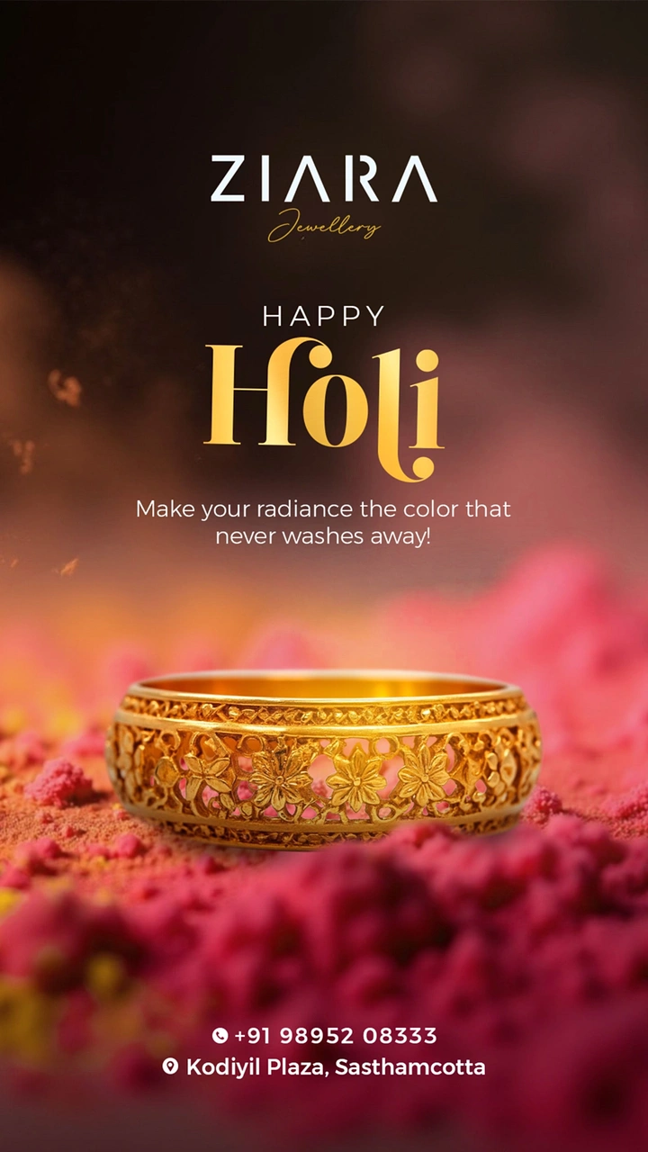 Holi creative ad: Filigree gold bangle resting on pink gulal powder
