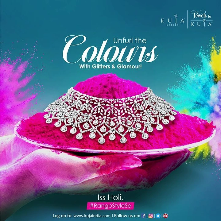 Holi creative ad: Diamond choker necklace on a plate of magenta gulal held by a hand