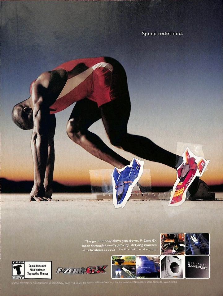 Gaming & Esports creative ad: Sprinter with racing-ship feet, F-Zero speed