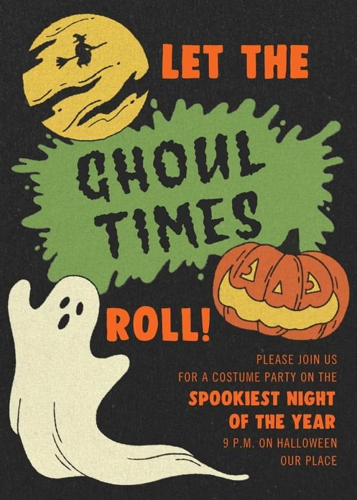 Halloween creative ad: Hand-drawn ghost, jack-o'-lantern and witch moon around a slime splat