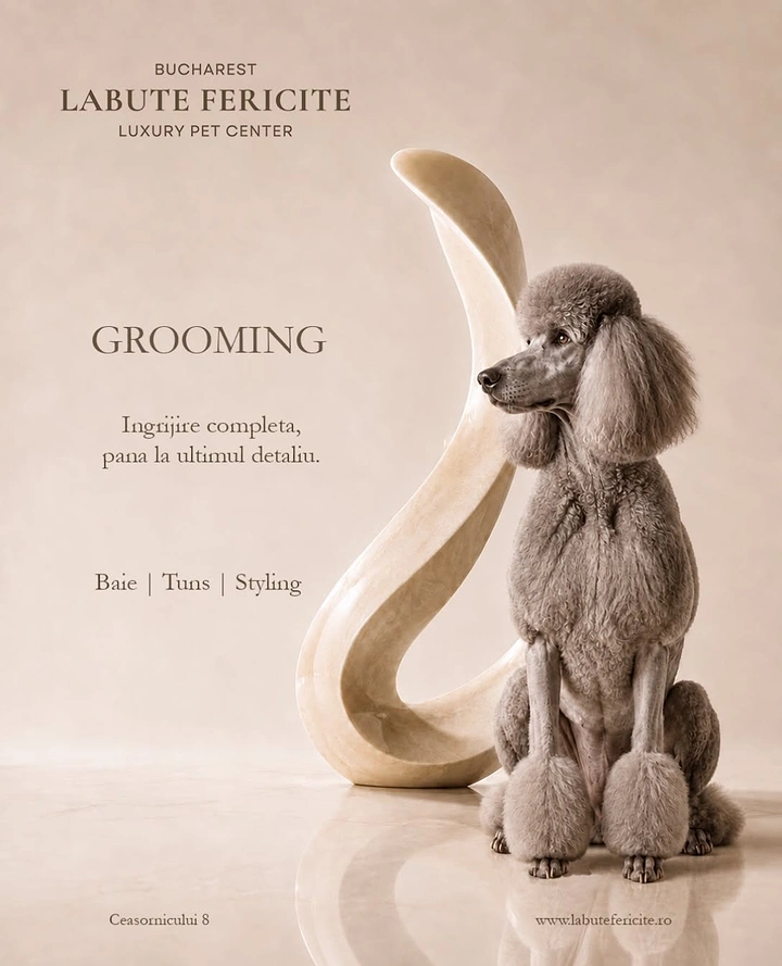 Pet Grooming creative ad: Poodle beside sculpture echoing groomed curls