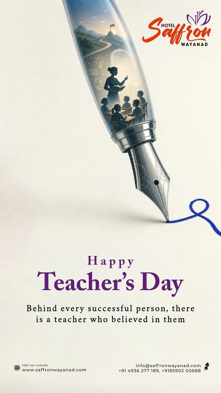 Teachers Day creative ad: Transparent fountain pen containing a miniature classroom scene