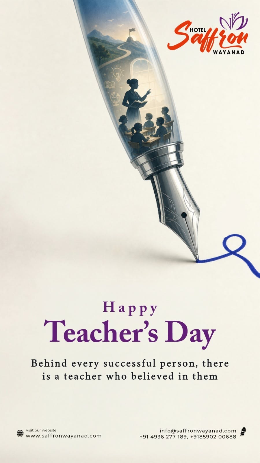 Transparent fountain pen containing a miniature classroom scene