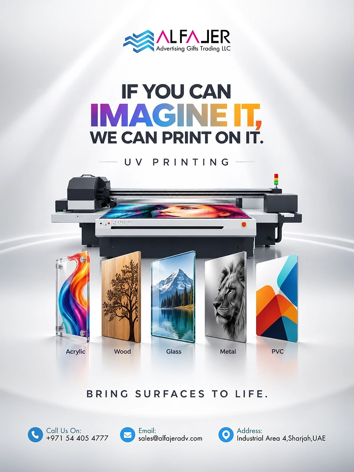 Printing Shops creative ad: UV printer outputs varied surface samples