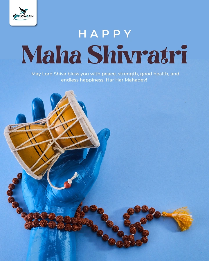 other-festival creative ad: Blue sculpted hand holding a damru with a rudraksha mala