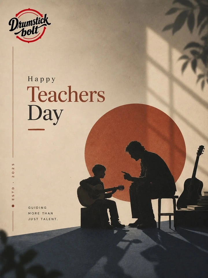 Teachers Day creative ad: Silhouetted guitar teacher guiding a child against a terracotta sun circle