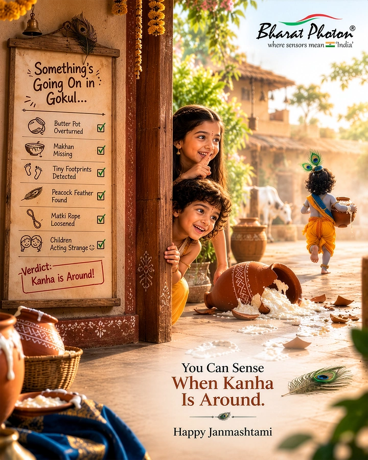 Janmashtami creative ad: Children peeking as baby Krishna runs off after toppling a butter pot