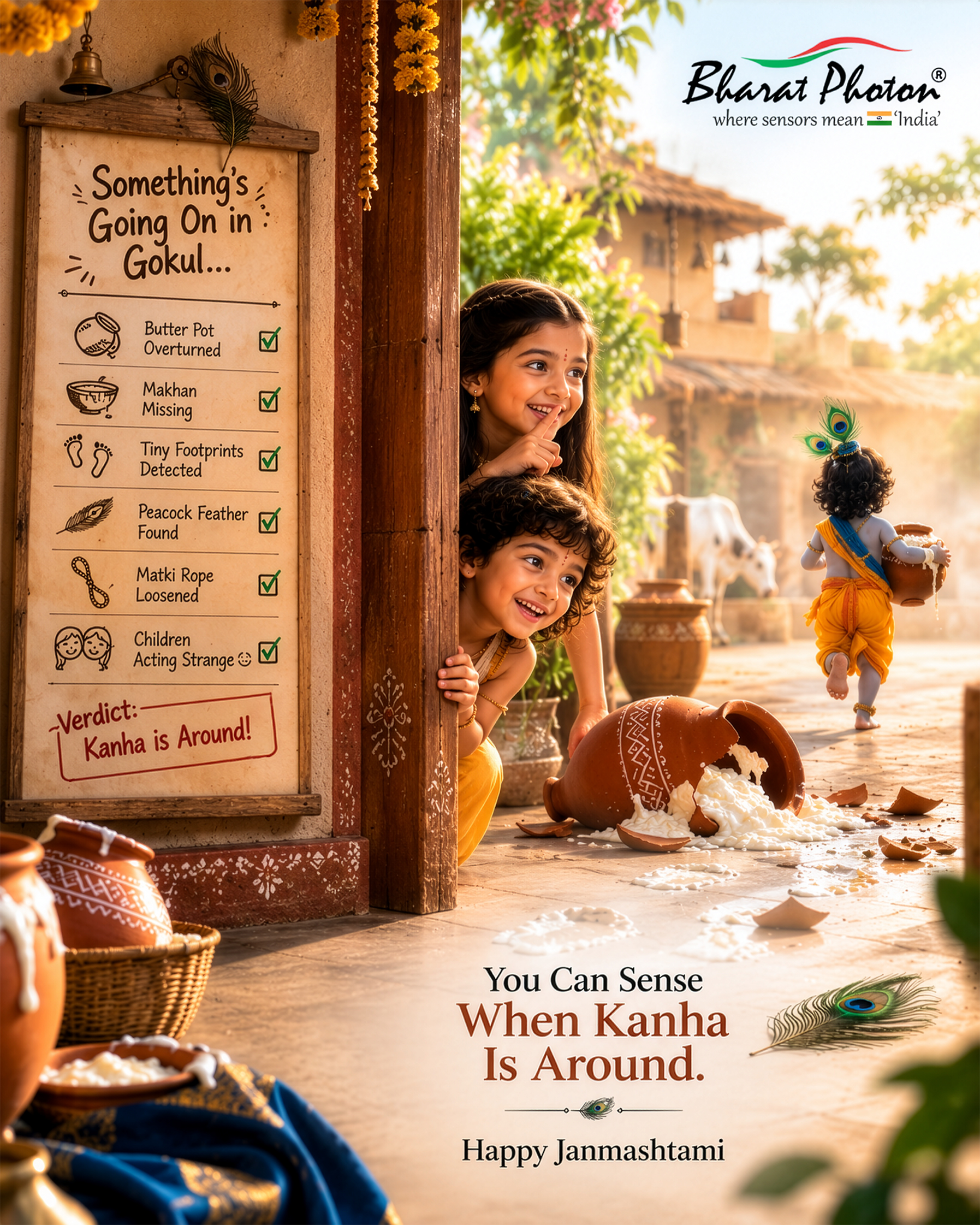 Children peeking as baby Krishna runs off after toppling a butter pot